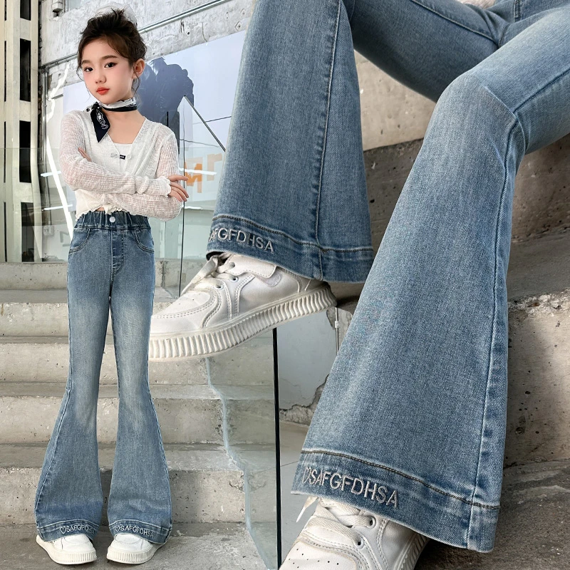 女童春季长裤2025新款时髦喇叭裤女孩中大童时尚修身牛仔微喇长裤