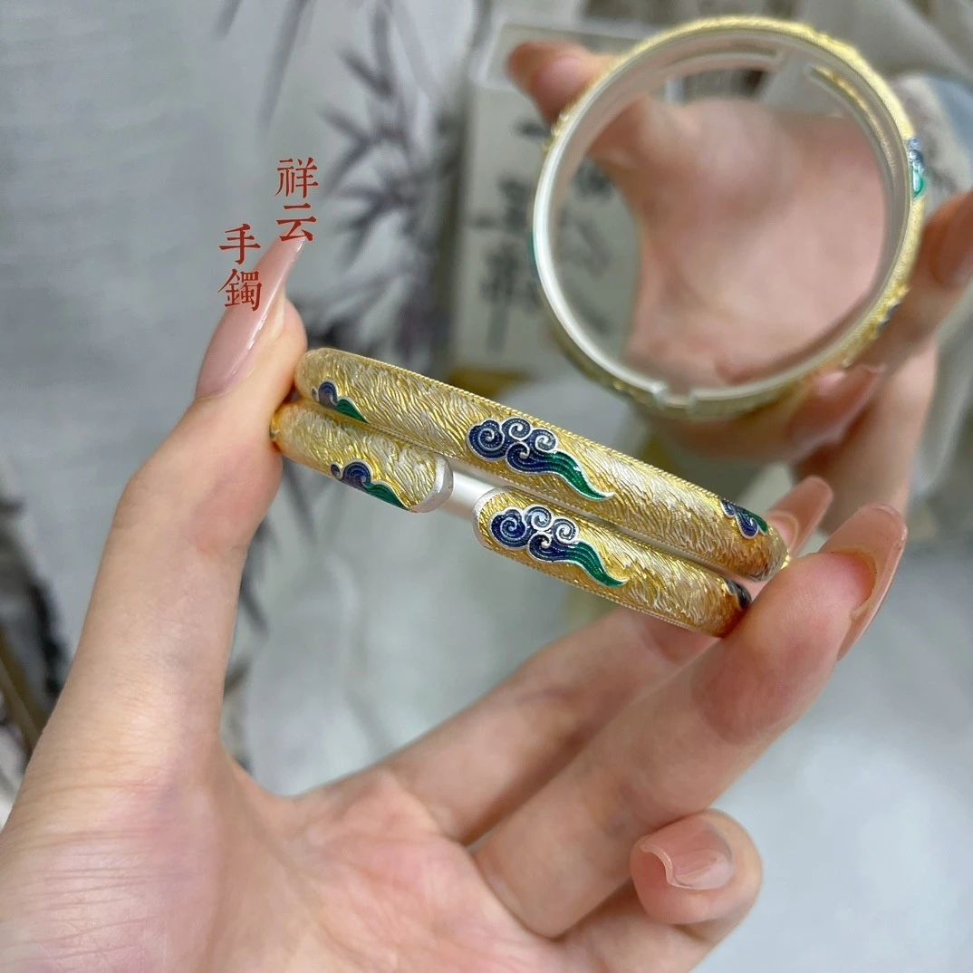 足银手镯 999.9足银28g描金珐琅彩祥云复古宫廷风手环纯银镯子女
