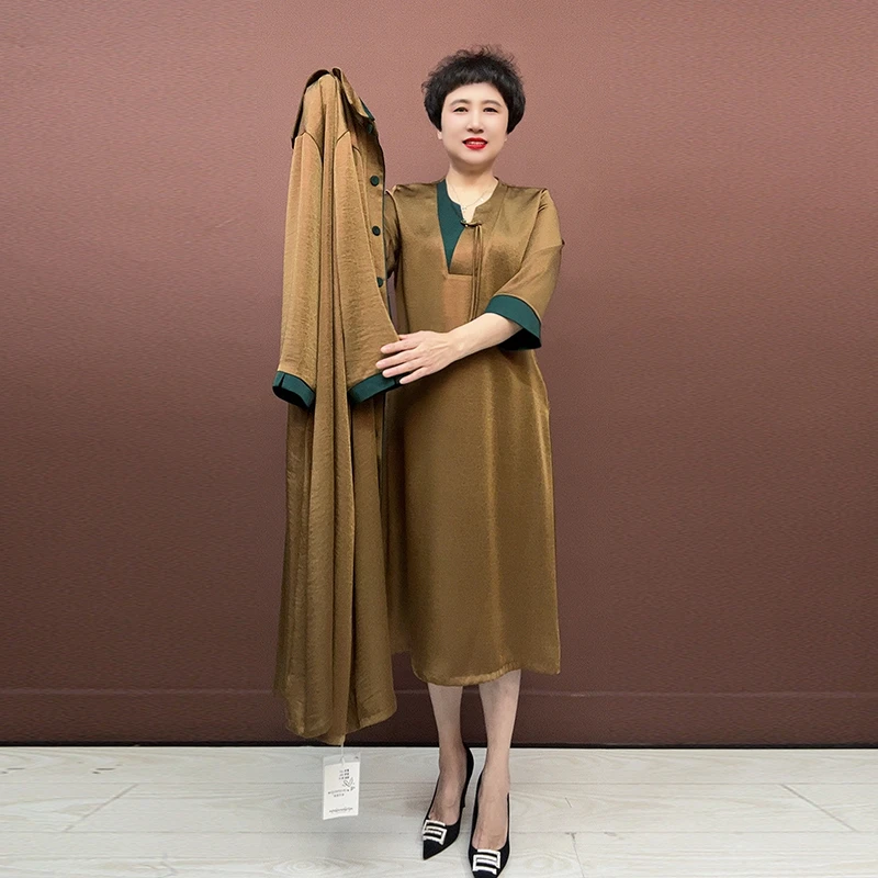 808中年妈妈醋酸真丝缎连衣裙夏季七分袖薄风衣长款遮肉两件套裙