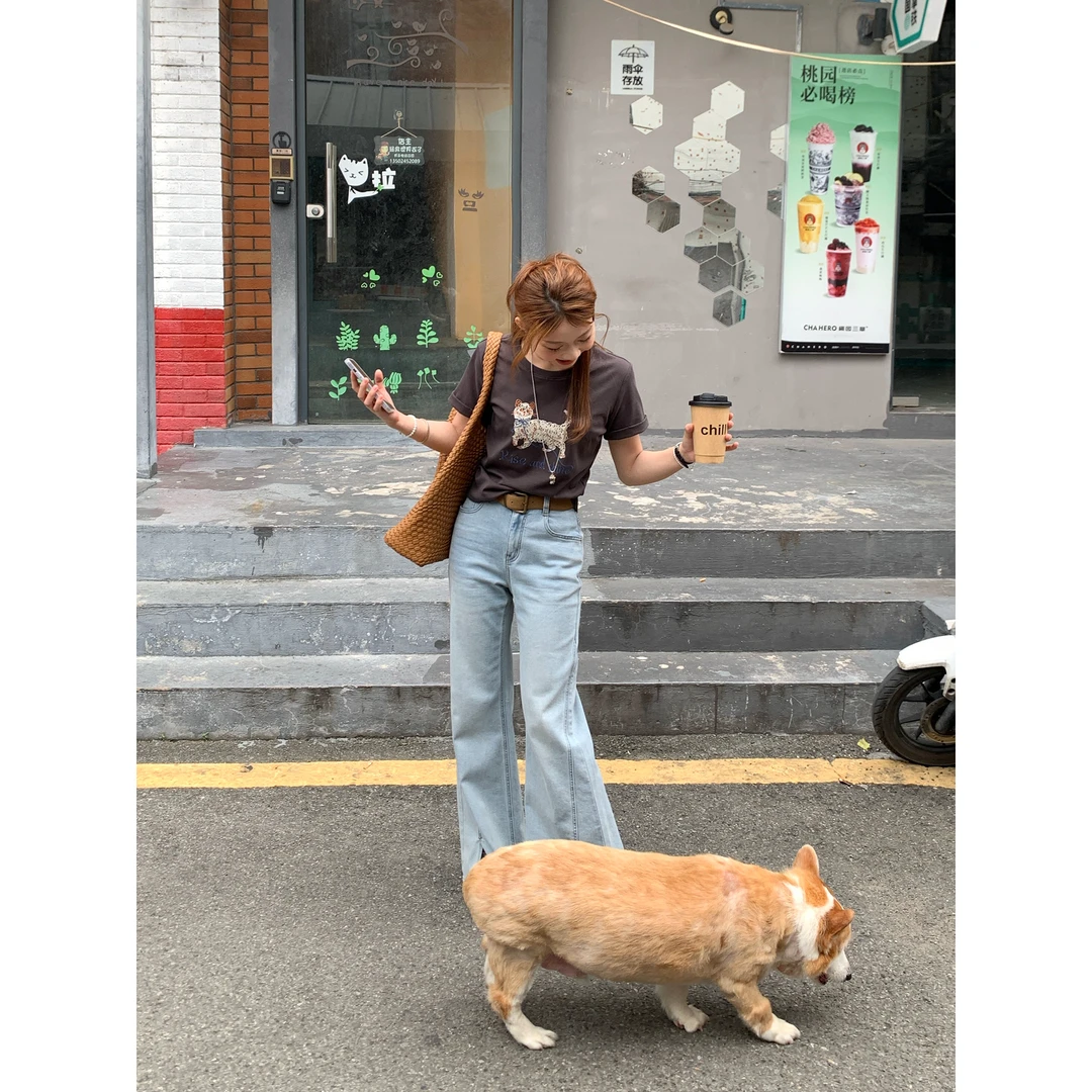切糕自制【长腿加持】小个子夏季千金气质显瘦小众微喇开叉牛仔裤
