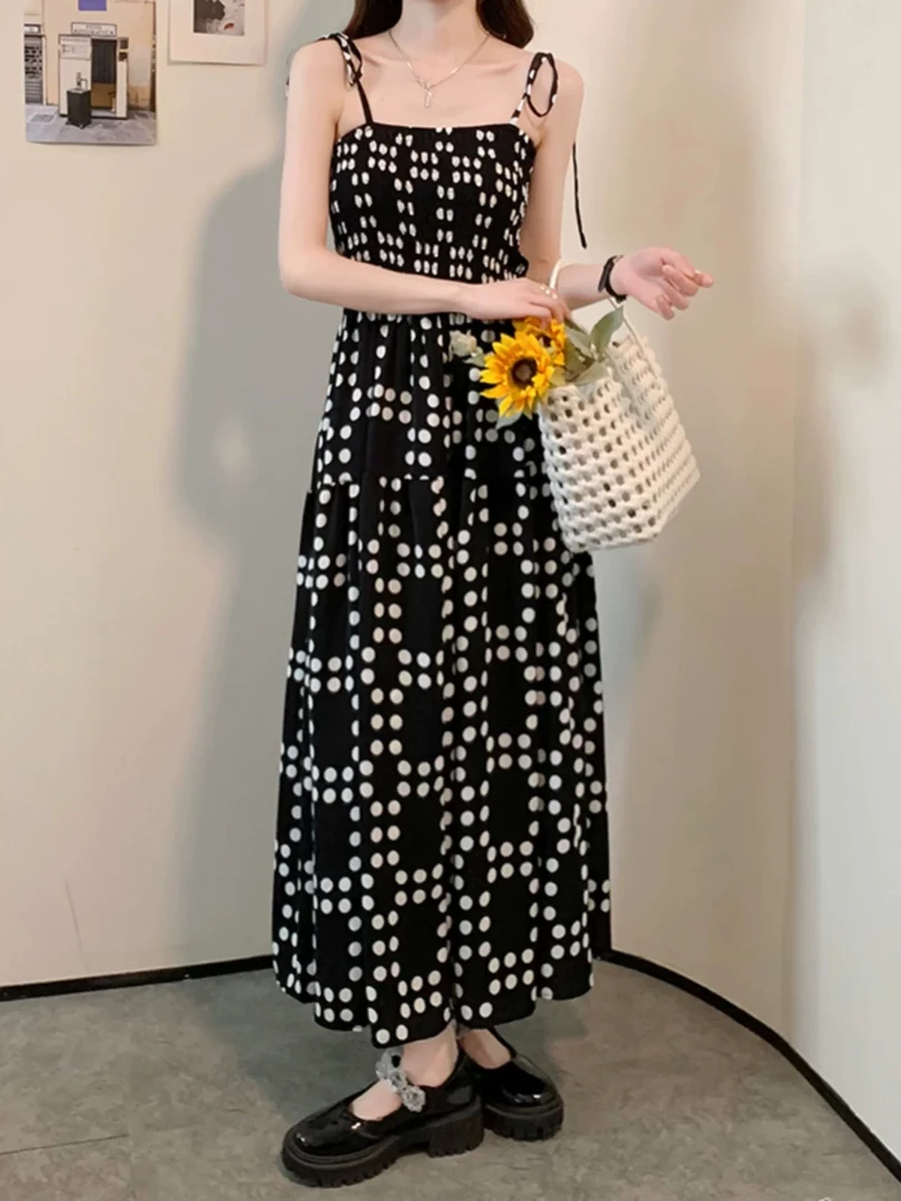 夏季新款波点黑色吊带收腰长款气质连衣裙LYQ-046