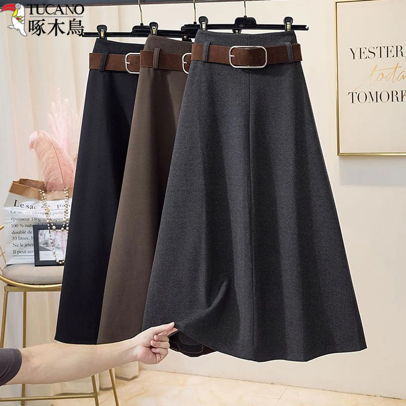 啄木鸟时尚毛呢半身裙女款秋冬新款休闲高腰显瘦a字中长大摆伞裙