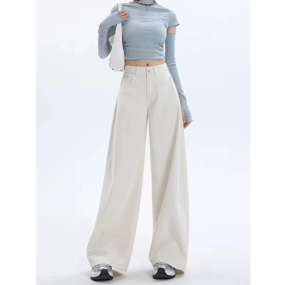 大码白色阔腿牛仔裤女2025年新款春季季高腰宽松显瘦垂感直筒裤子