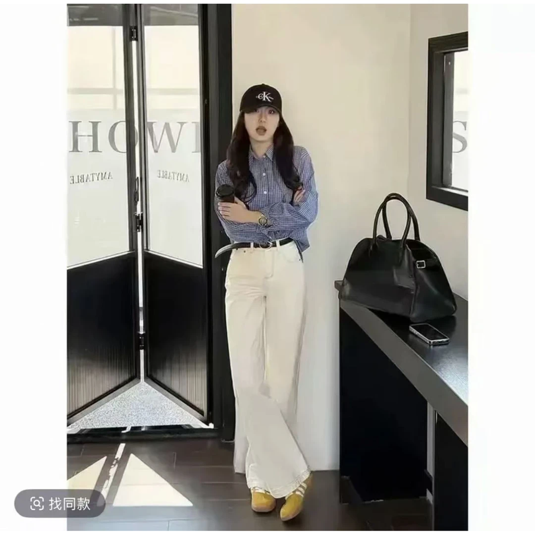 【运费险+现货】早秋新款米杏色牛仔裤女高腰显瘦窄版直筒裤