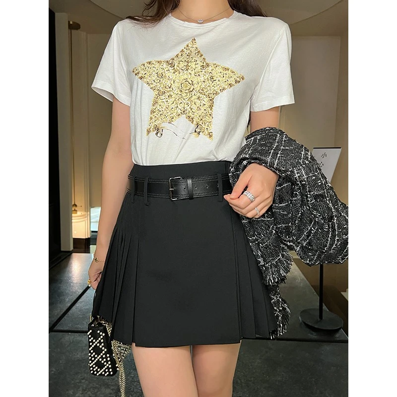 【琳媚】羊毛时尚百搭皮革腰带甜美风黑色设计感百褶半裙女