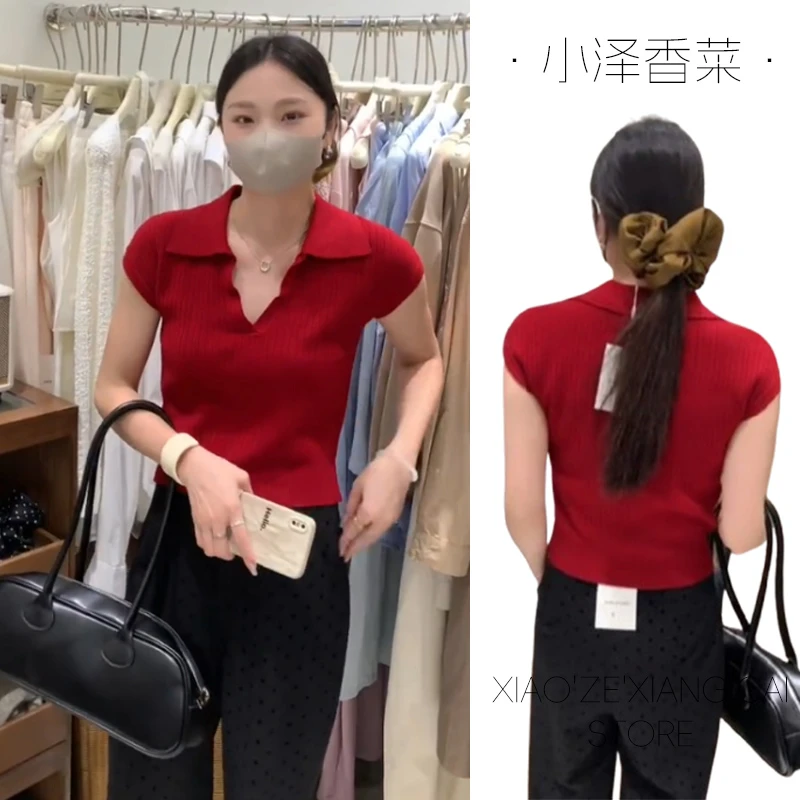 法式翻领红色正肩冰丝针织短袖T恤女夏季2025新款修身polo衫上衣