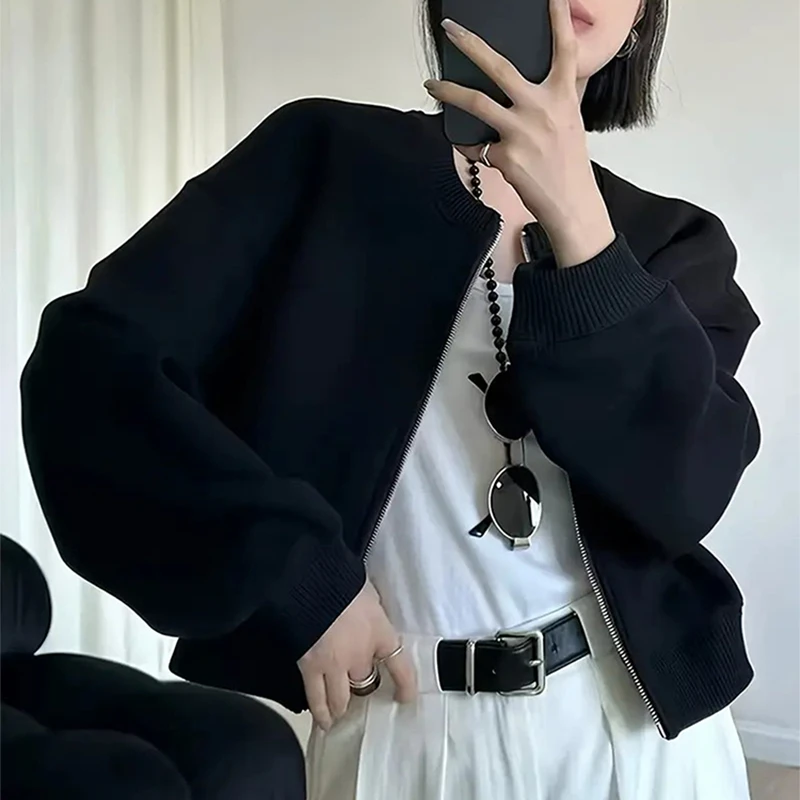 黑色拉链开衫长袖卫衣女2025秋冬韩版宽松时尚小个子宽松短款外套