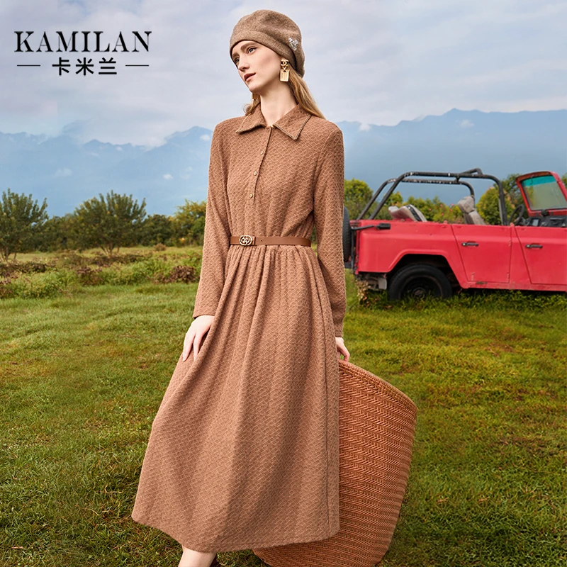 卡米兰美拉德气质POLO领高腰连衣裙女2023秋冬新款中长款A字裙