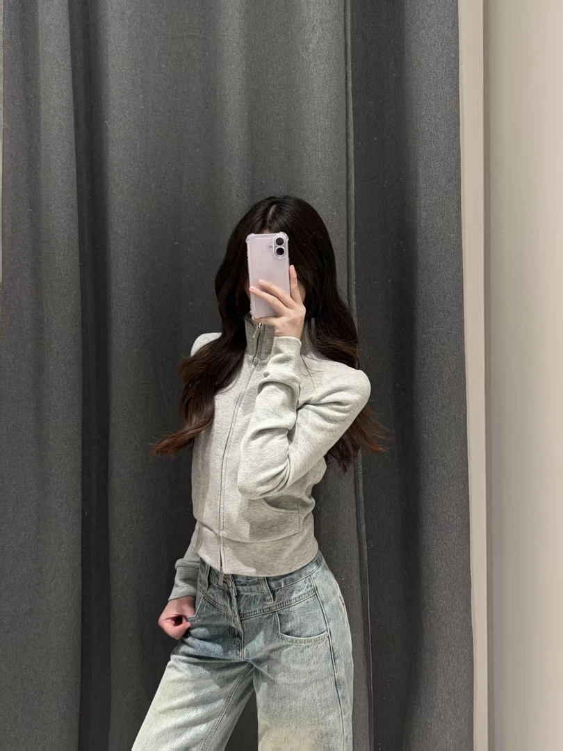 2025新款秋冬时尚气质休闲立领拉链外套上衣女宽松阔腿牛仔裤子潮