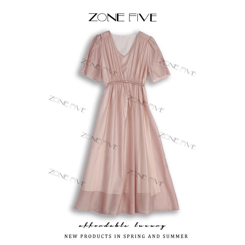 【zonefive】夏新款V领泡泡袖显瘦优雅中长收腰连衣裙