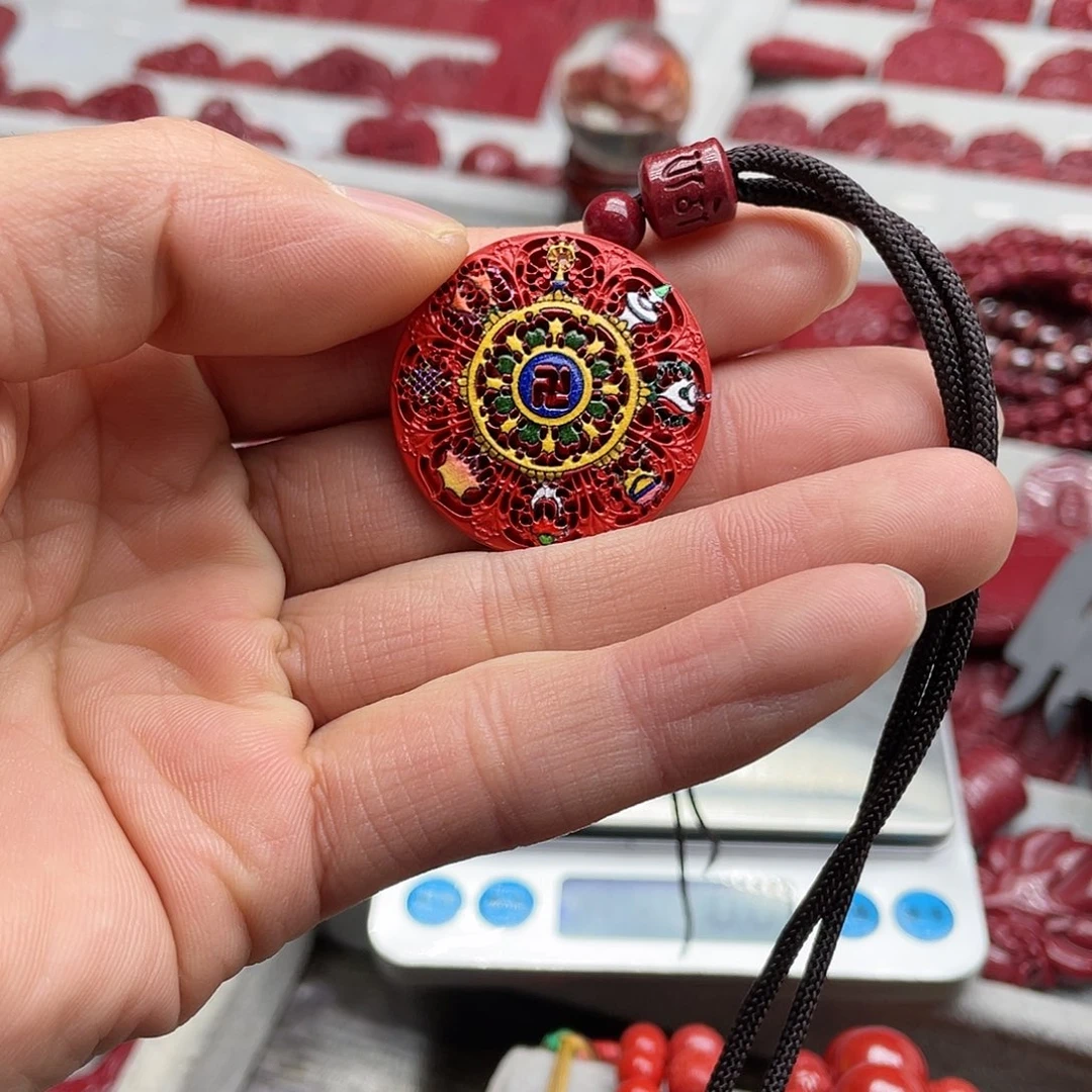 天然辰砂红砂彩绘八宝罗盘红砂六字绳咖色