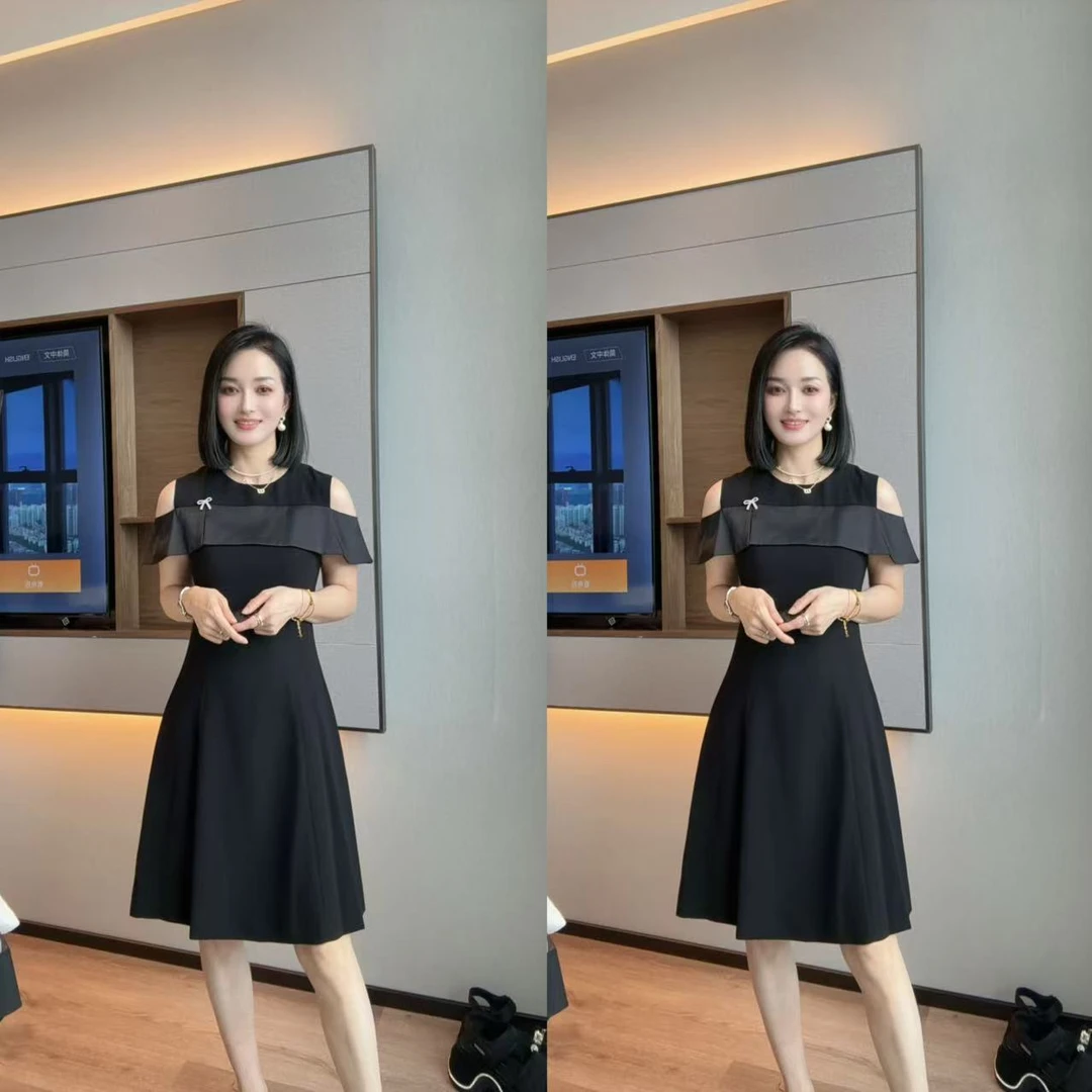 露肩蝴蝶结装饰小黑裙，诠释精致优雅