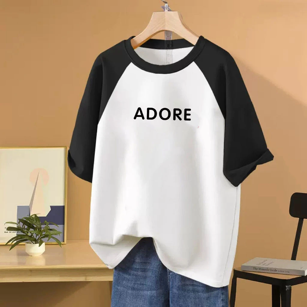 夏季纯棉插肩袖短袖t恤女2025新款大码女装宽松显瘦黑白撞色上衣