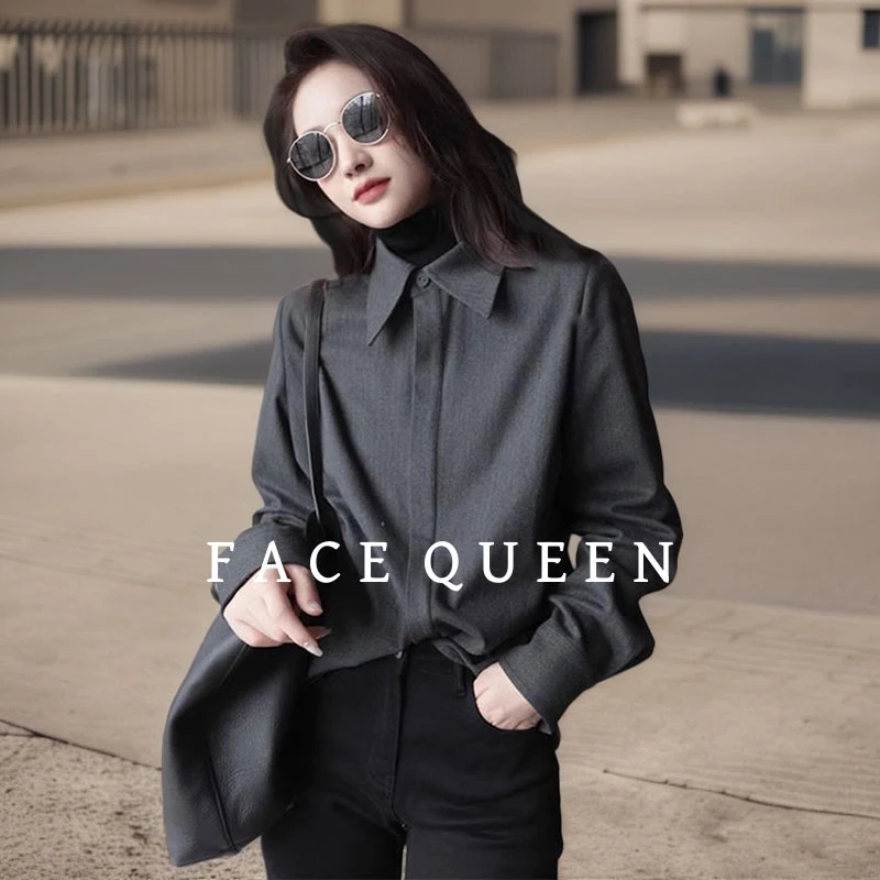 费思·face/灰色衬衣女2025春季翻领暗扣高级感纯色简约复古衬衣
