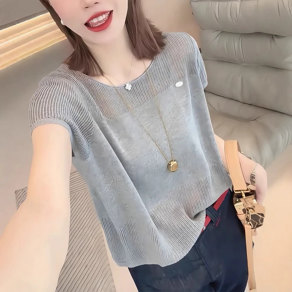 冰丝薄款镂空针织衫针织短袖女2025新款夏季宽松独特漂亮灰色上衣