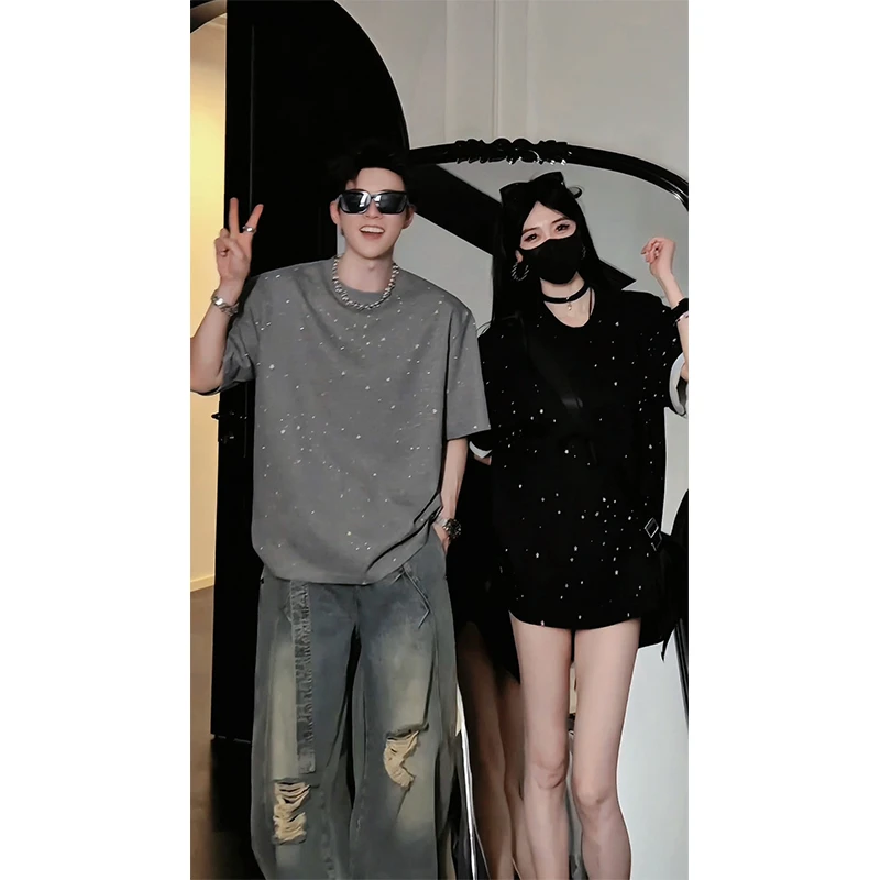 龙叨叨夏季新款重工彩色星星烫钻设计感短袖T恤男休闲百搭上衣潮