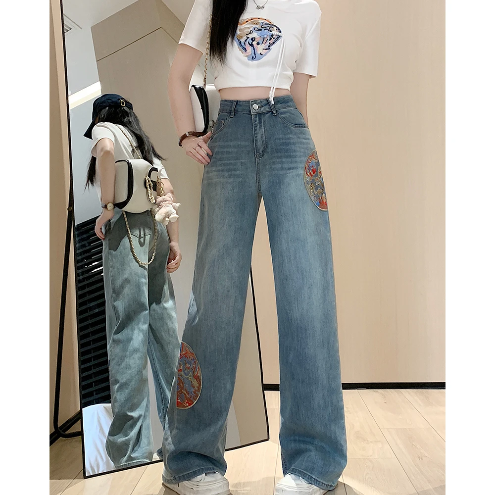 清大码女2025年秋季新款中国风阔腿牛仔裤新中式显瘦直筒裤65416