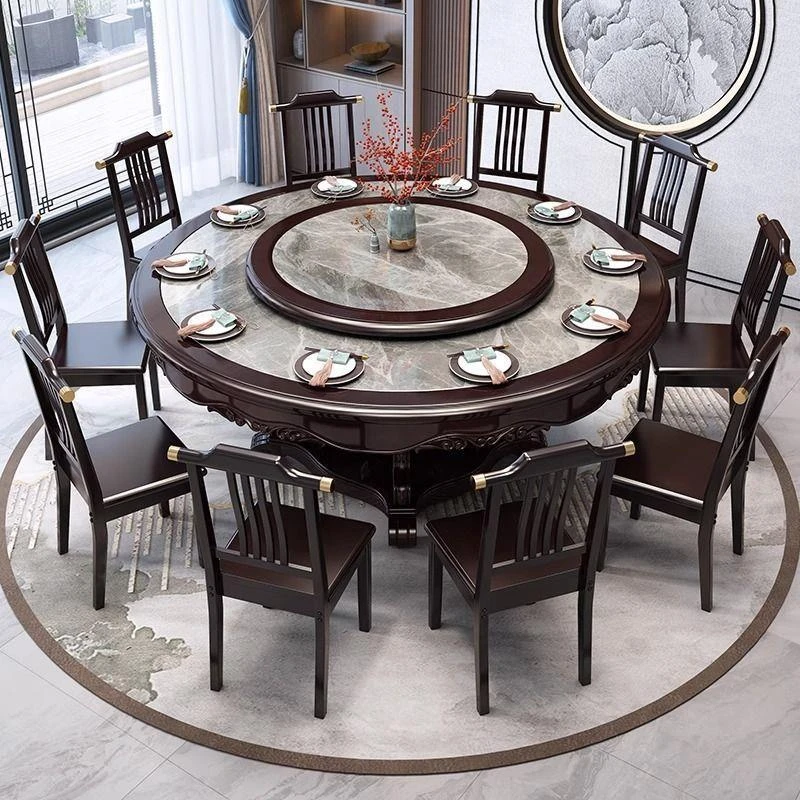 新中式岩板实木餐桌餐桌椅组合带转盘圆形家用电磁炉酒店饭桌圆桌