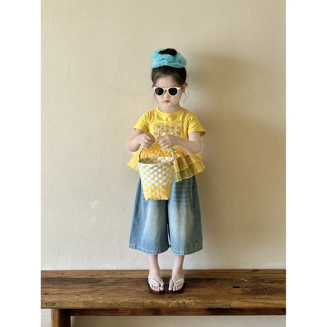 小粉象 ·女童夏季新款韩版可爱kt猫短袖吊带百搭七分牛仔裤套装