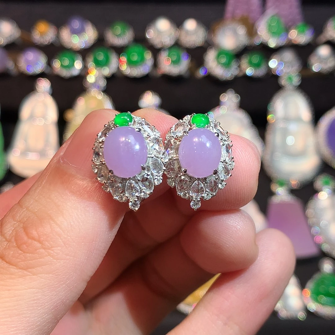 翡翠18K金镶嵌耳饰满冰粉紫蛋面耳包