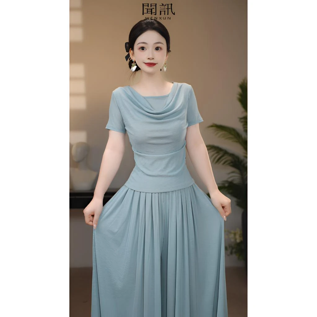 【清蓝】夏季新款冰丝速干收腰显瘦高级感假两件套装-F0045