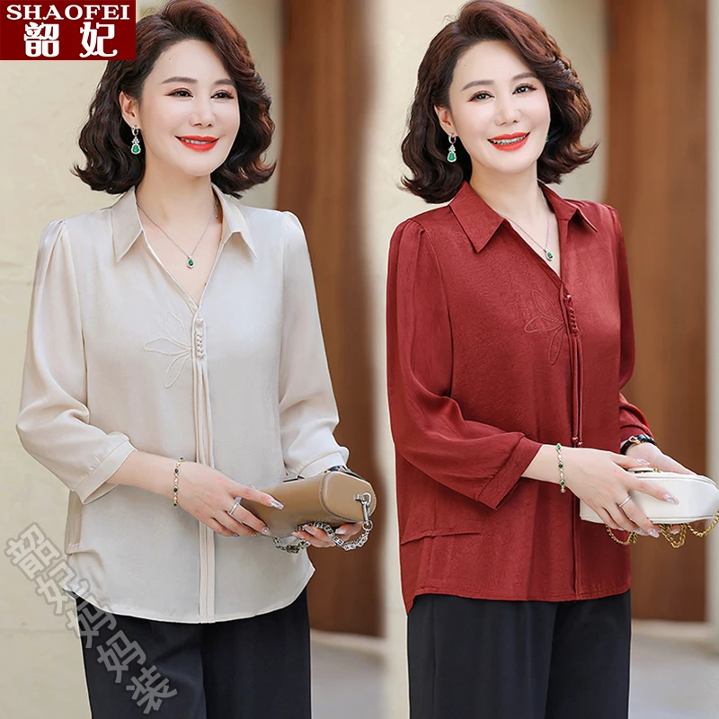 妈妈款春秋季衬衫长袖上衣服洋气新中式小衫仿真丝中老年女装套装