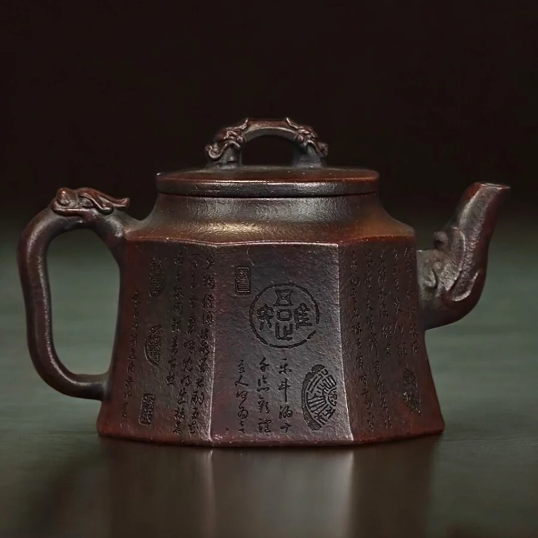 宜兴紫砂壶八方铁血红砂李老师泥绘茶具泡茶壶紫砂茶壶六方精美