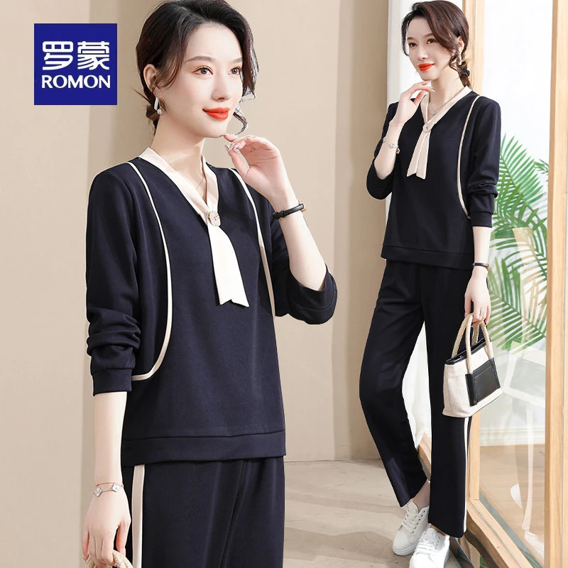 罗蒙妈妈秋装时尚运动服套装2025新款中老年卫衣女春秋洋气两件套