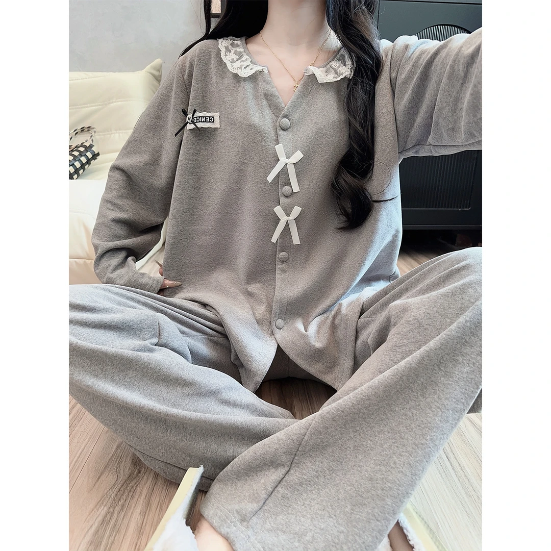 蝴蝶结睡衣女秋冬季长袖保暖薄绒休闲风少女新款可外穿家居服套装