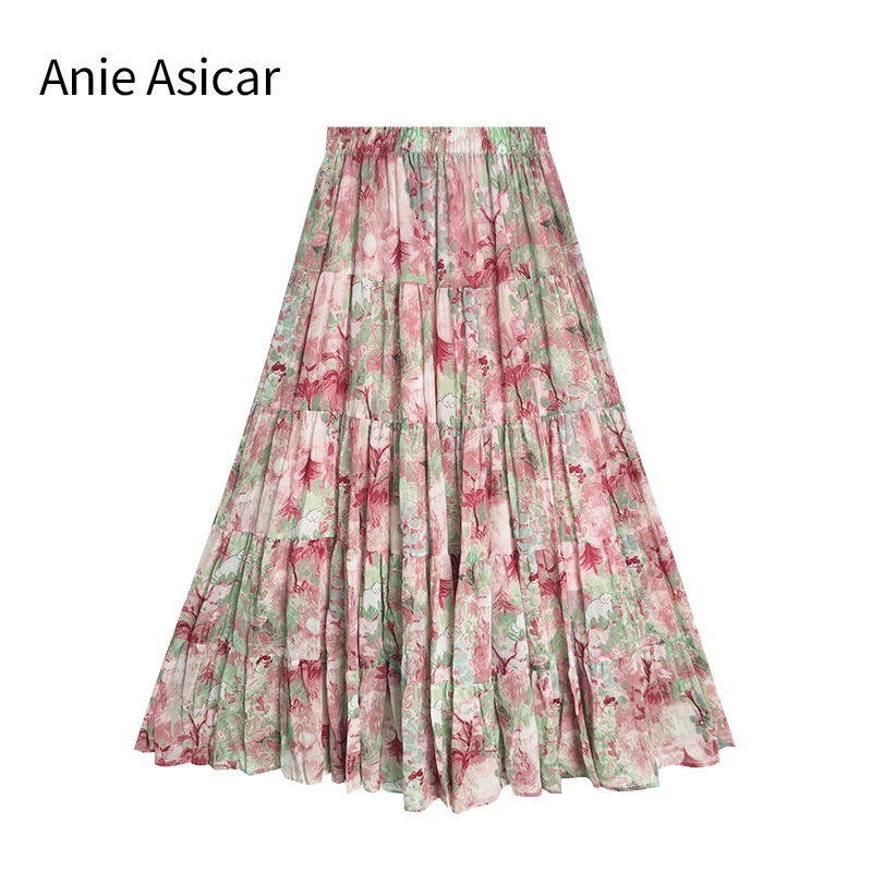 褶皱不褪色排湿薄款长裙半身裙印花半裙流浪丹宁风Q3091