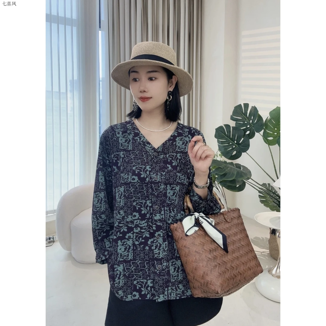 上衣短裤青花瓷气质夏季透气短袖休闲轻奢女百搭上衣