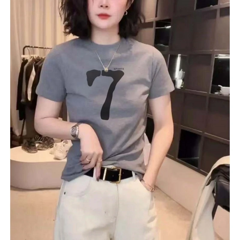 正肩短袖T恤女装新款2025春夏日洋气百搭韩版修身显瘦半袖上衣潮