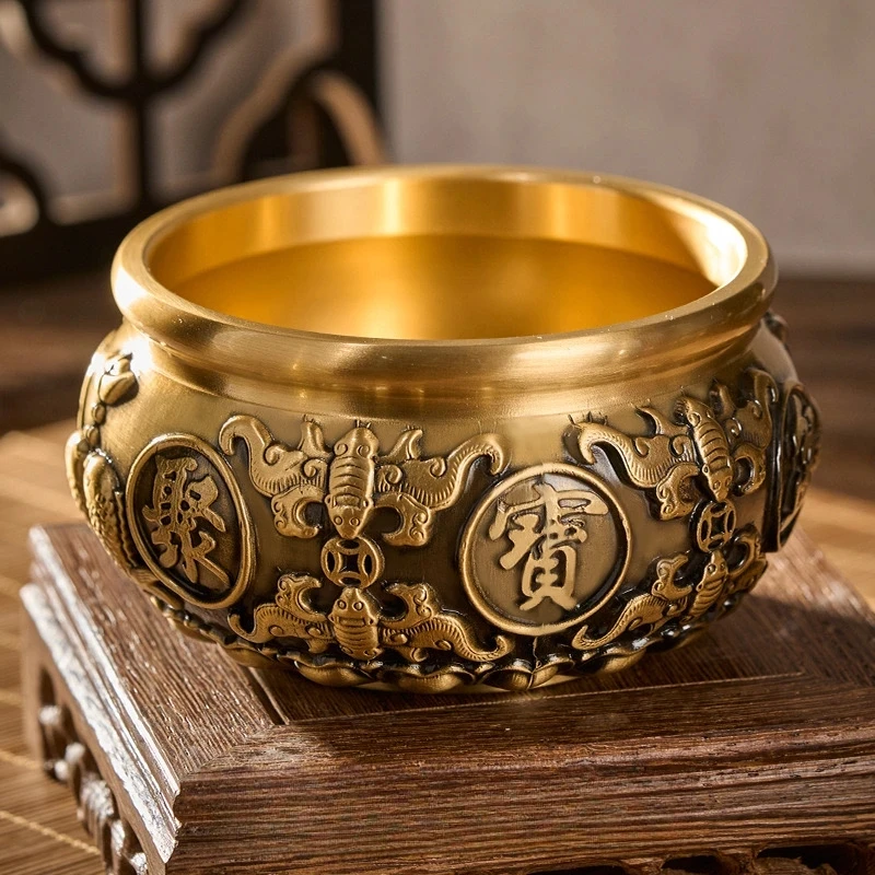 黄铜精品实心八福聚宝盆摆件大号高档工艺品中式玄关轻奢
