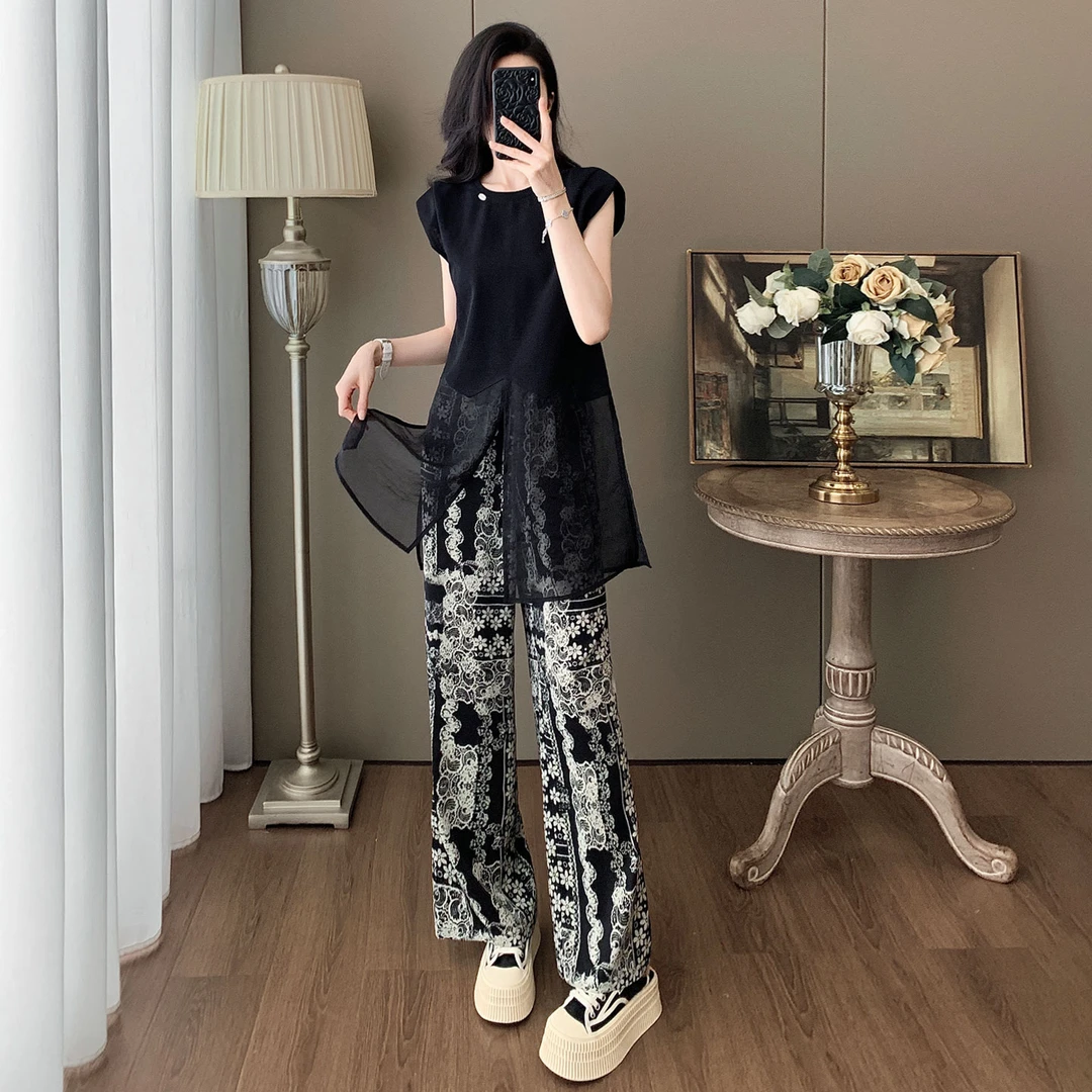 女夏季新款时尚减龄套装圆领正肩黑色网纱拼接短袖碎花长裤两件套