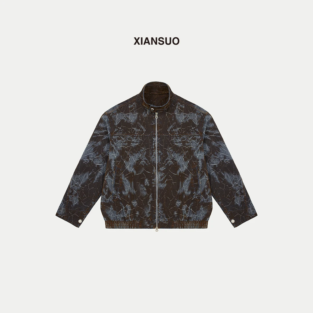 XIANSUO/缐鎖2025秋季男士复古水洗扎染宽松阔版牛仔夹克外套