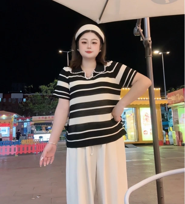 (560)2025新款设计感条纹翻领气质显瘦短袖T恤女韩版小众百搭上衣