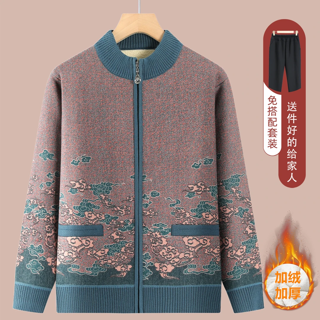 中老年人女冬装奶奶加绒外套60岁70妈妈保暖针织衫妈妈冬装外套