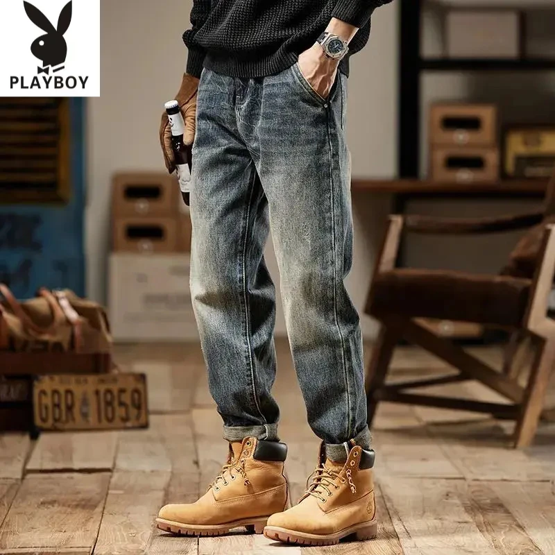花花公子初秋爆款牛仔裤男士美式复古年百搭水洗重磅做旧直筒裤子