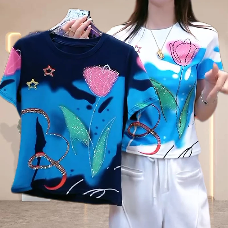 纯棉夏季短袖女款爆款2025新款品质郁金香印花烫钻女士休闲T恤