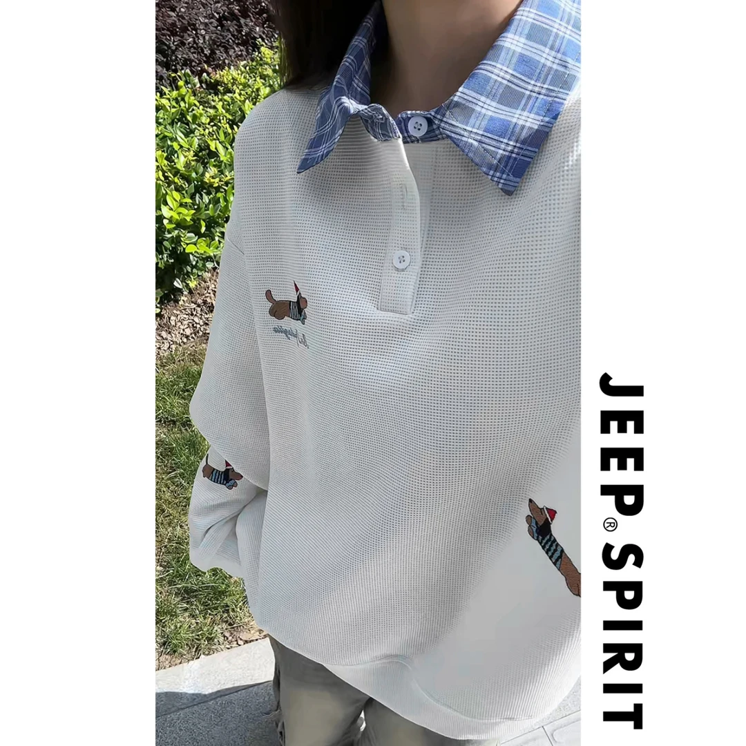 【高品质】JEEP吉普假两件Polo领男春秋无帽卫衣百搭刺绣狗港风上衣