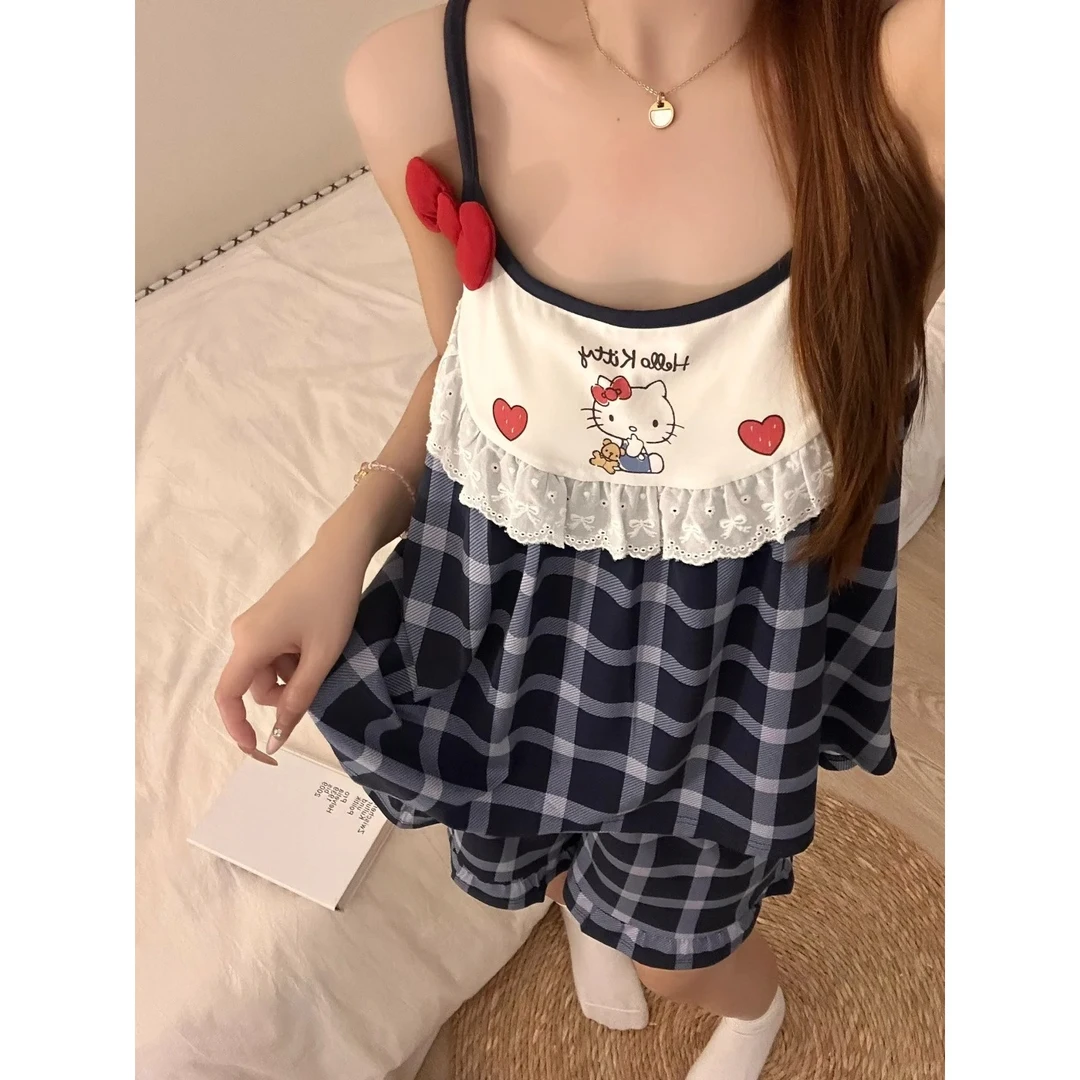 【格子kitty】甜美纯欲蕾丝边吊带睡衣女夏季短裤套装可外穿家居服