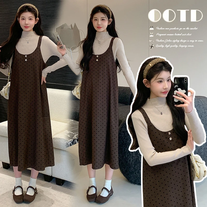 孕妇装2025秋冬新款韩版时尚慵懒风气质打底毛衣波点背带裙两件套