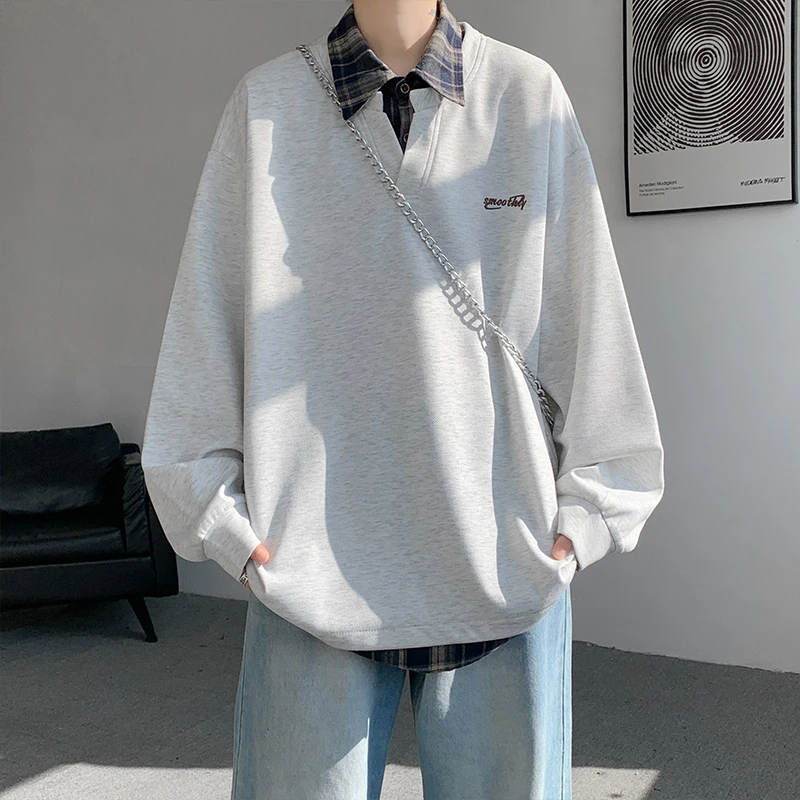 美式格纹polo衫卫衣男2025新款假两件拼接上衣服潮牌大码男装外套