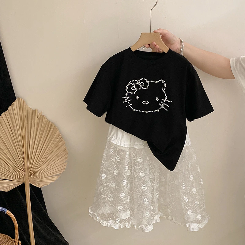 【安安家】女童夏季卡通珍珠猫咪短袖花朵蕾丝半身裙两件套Z-TQ008