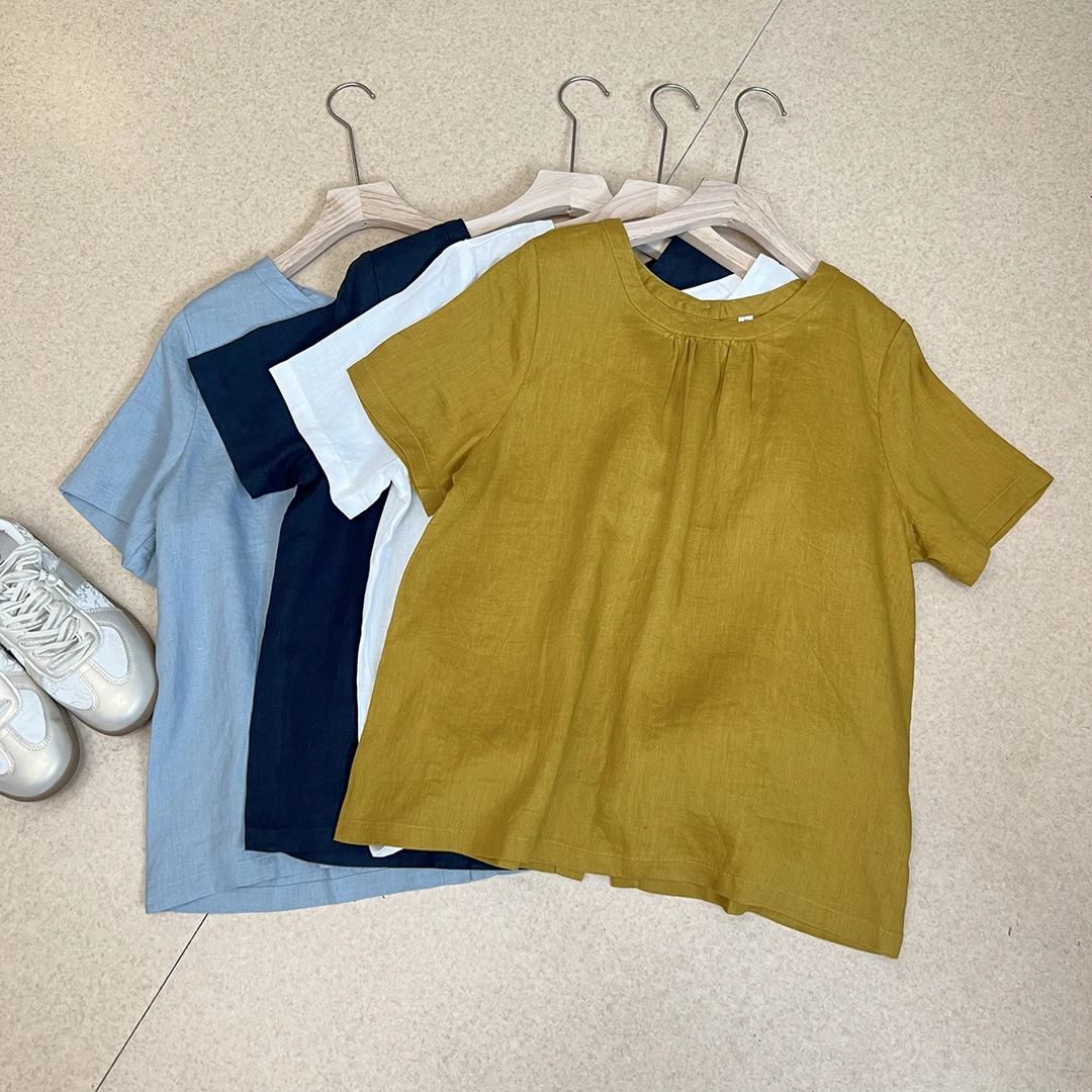 【100%纯亚麻】2025年夏百搭短袖衬衫宽松时尚短袖圆领上衣女66171