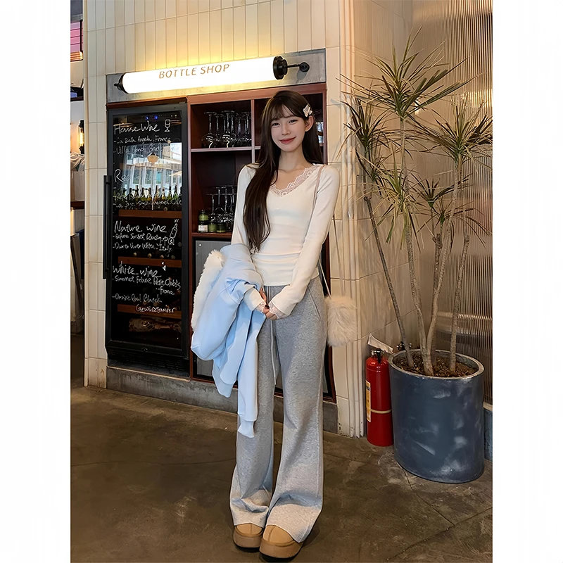 秋冬新款德绒V领打底衫女内搭韩版修身纯欲风蕾丝长袖上衣女