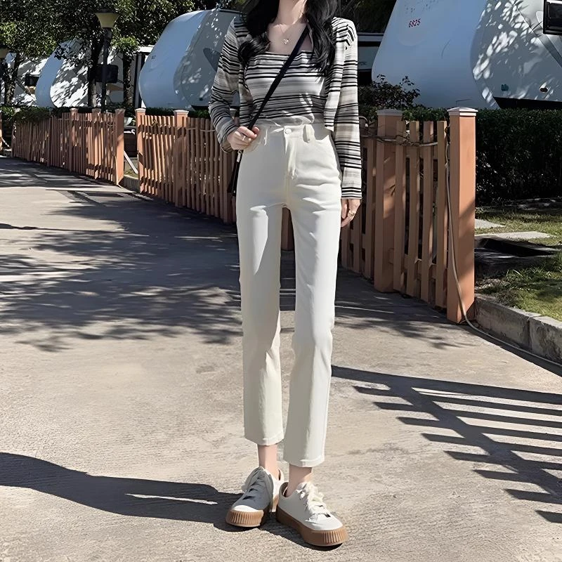 米白色烟管牛仔裤女2025年新款秋季爆款高腰休闲窄版修身直筒裤子