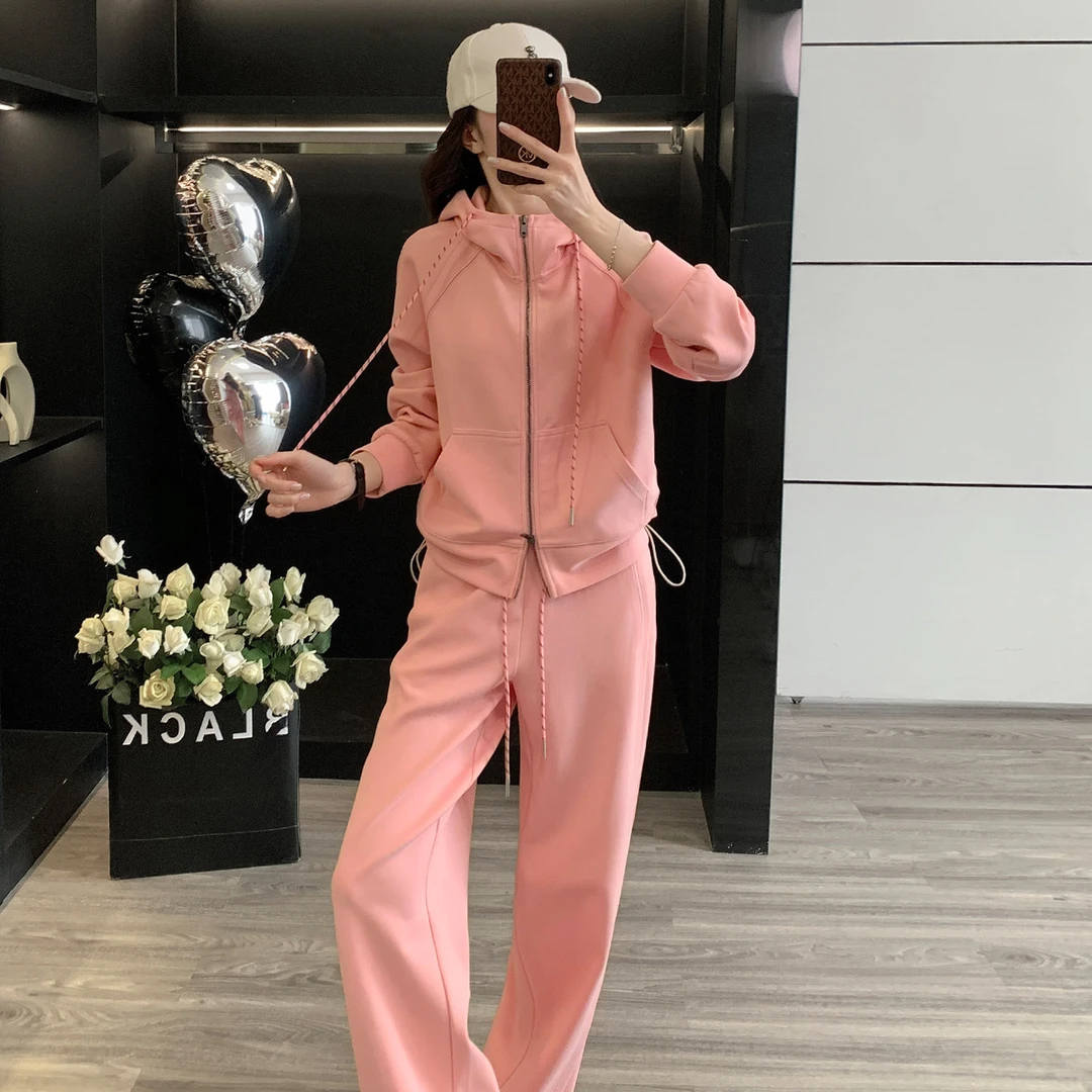 秋冬新款网红炸街时尚韩版洋气连帽开衫上衣阔腿裤休闲运动套装女