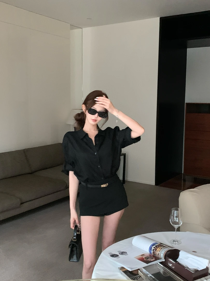 松弛感白色短袖衬衫女夏季老钱风显瘦上衣