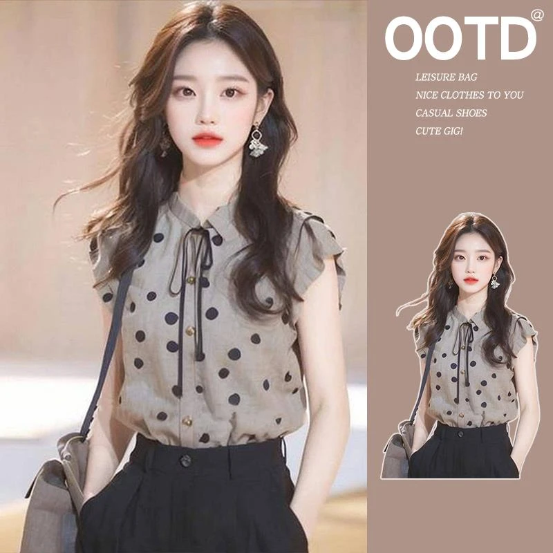 魅言波点印花小飞袖衬衫衬衣洋气设计感小众夏季独特漂亮小衫上衣
